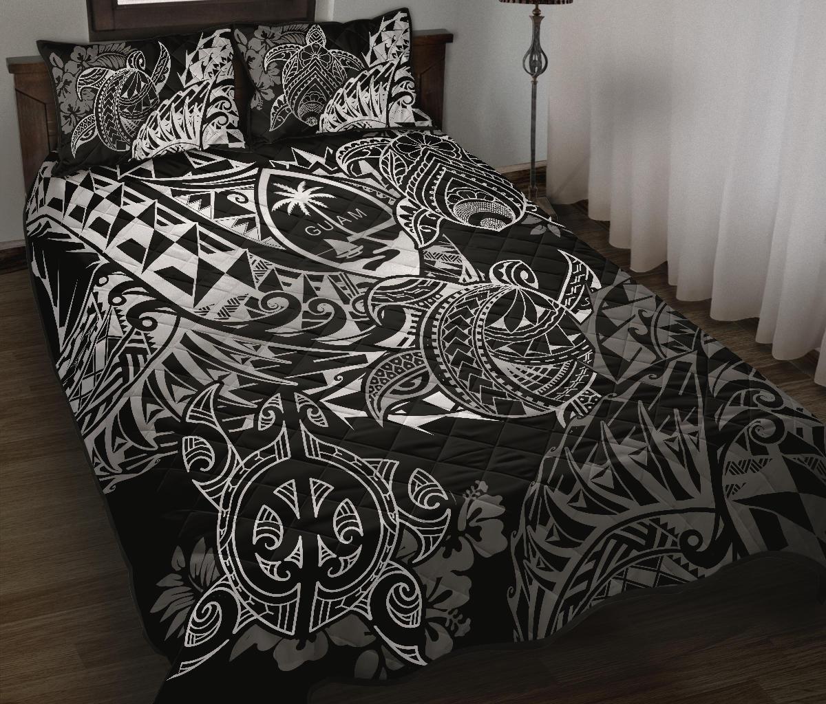 Guam Polynesian Quilt Bed Set - White Turtle Flowing White - Polynesian Pride