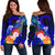 CNMI Custom Personalised Women's Off Shoulder Sweater - Humpback Whale with Tropical Flowers (Blue) - Polynesian Pride