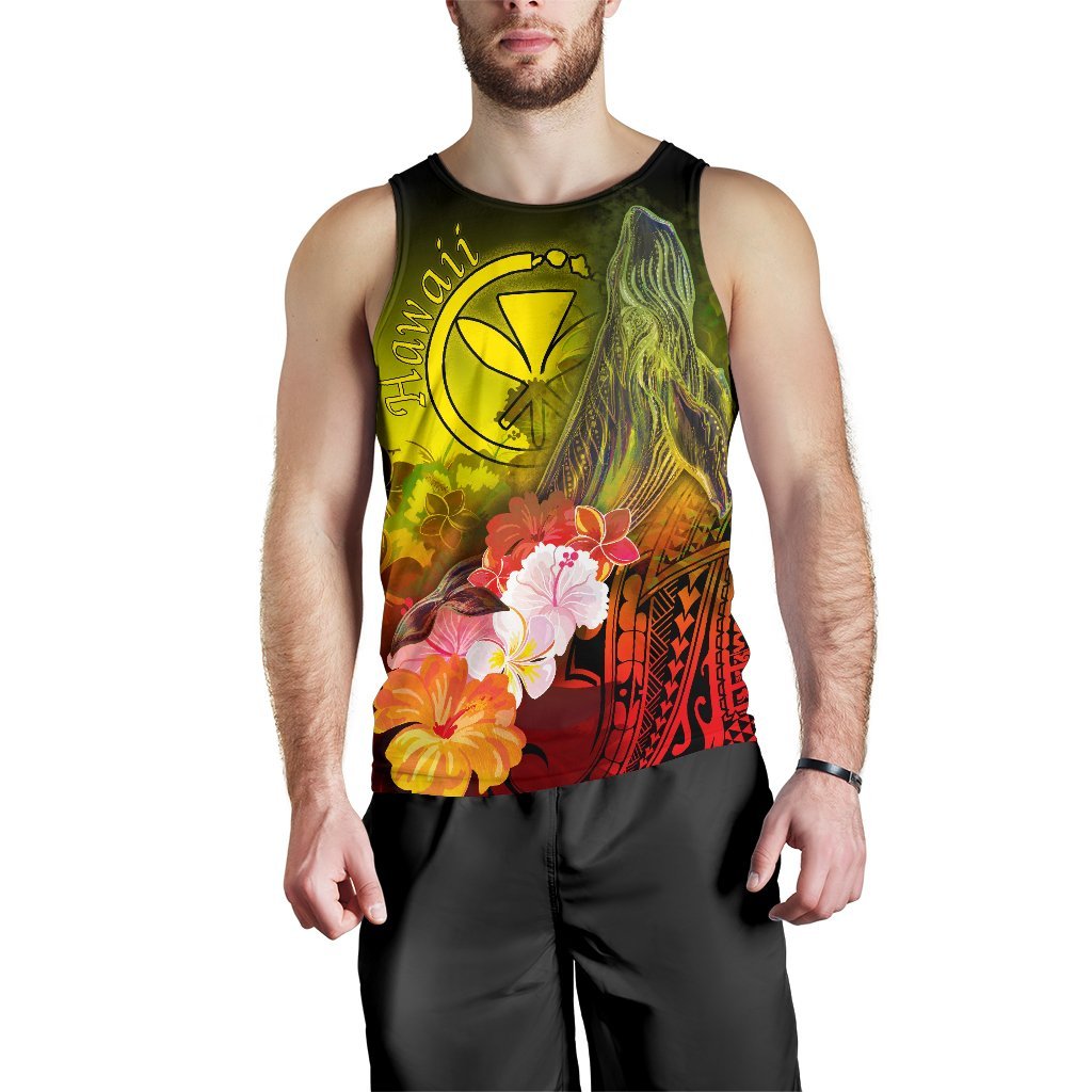 Polynesian Hawaii Men's Tank Top - Kanaka Maoli Humpback Whale with Tropical Flowers (Yellow) - Polynesian Pride