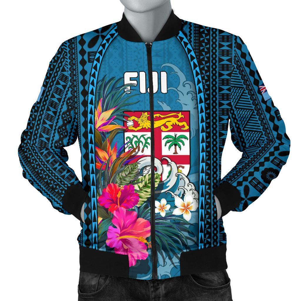 Fiji Men's Bomber Jacket Coat Of Arms Polynesian With Hibiscus And Waves Blue - Polynesian Pride