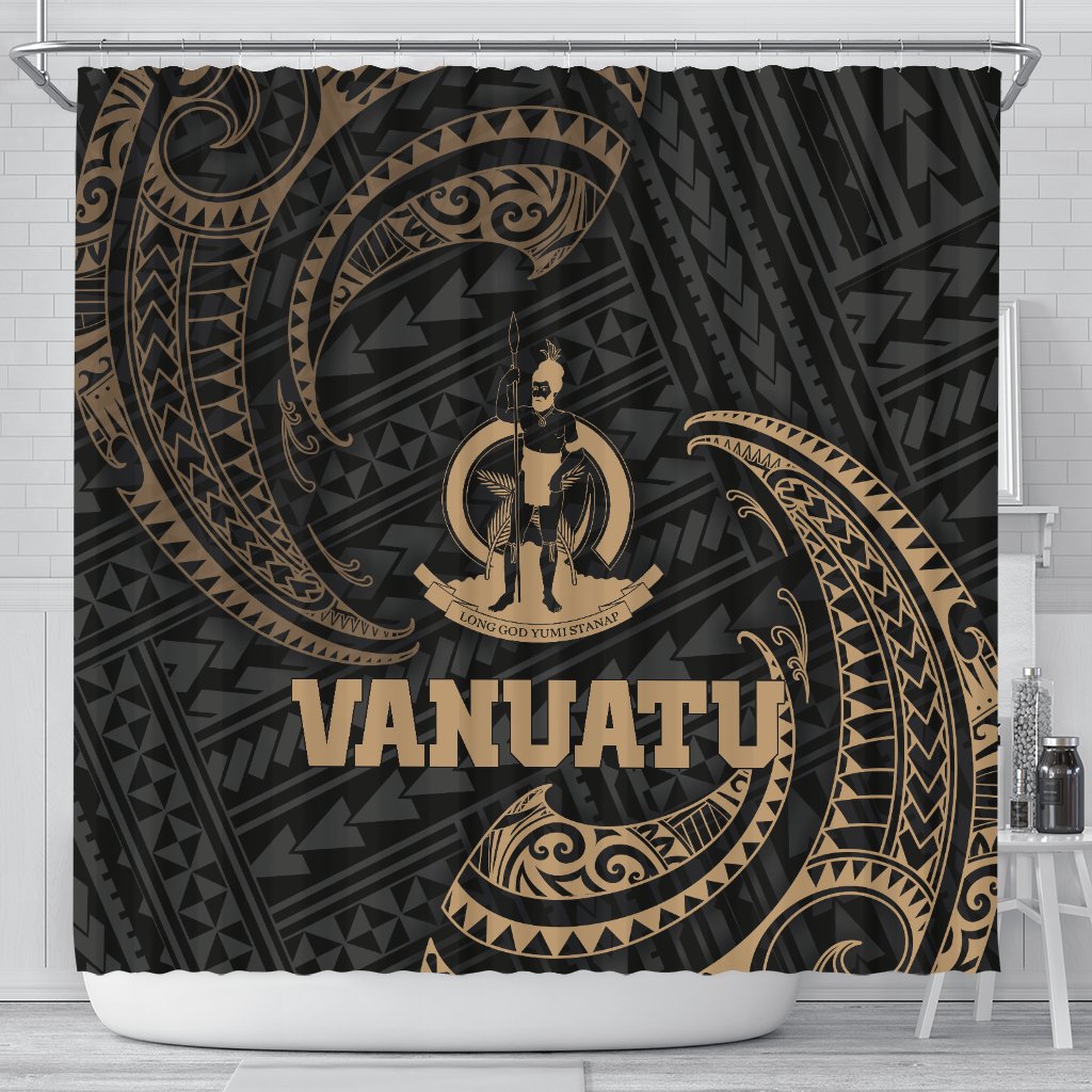 Vanuatu Polynesian Shower Curtain - Gold Tribal Wave 177 x 172 (cm) Black - Polynesian Pride