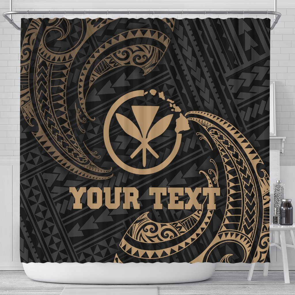 Hawaii Polynesian Custom Personalised Shower Curtain - Gold Tribal Wave 177 x 172 (cm) Black - Polynesian Pride