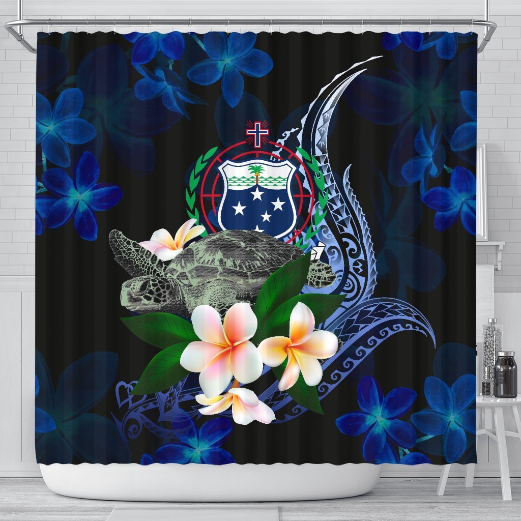 Samoa Polynesian Shower Curtain - Turtle With Plumeria Flowers 177 x 172 (cm) Blue - Polynesian Pride