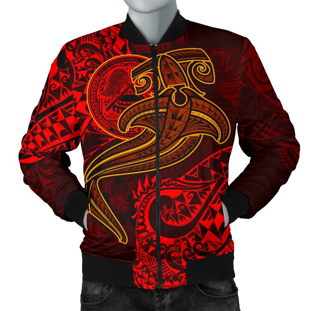 American Samoa Men's Bomber Jacket - Red Shark Polynesian Tattoo Red - Polynesian Pride