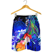 American Samoa Polynesian Custom Personalised Men's Shorts - Humpback Whale with Tropical Flowers (Blue) - Polynesian Pride