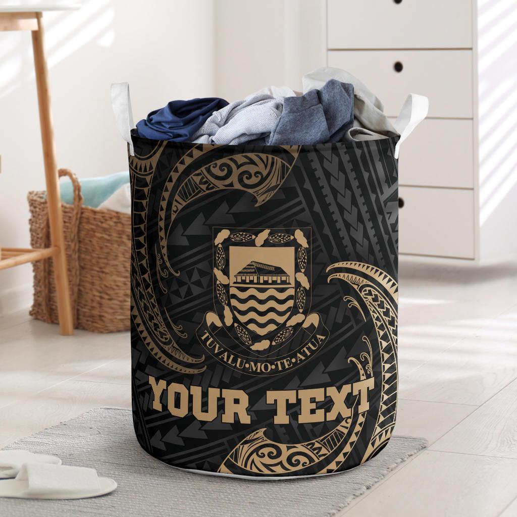 Tuvalu Polynesian Custom Personalised Laundry Basket - Gold Tribal Wave One Style One Size Black - Polynesian Pride