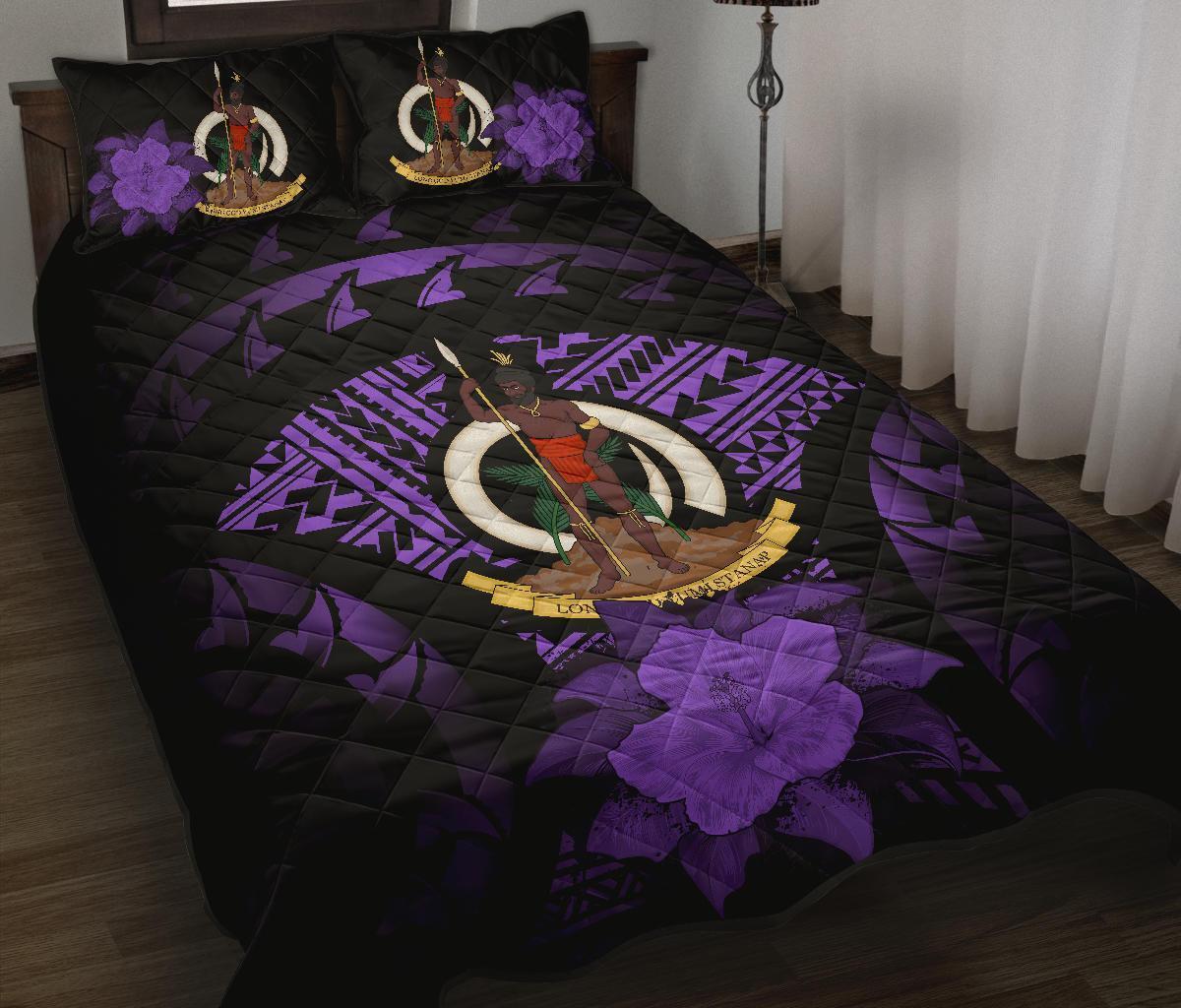 Vanuatu Polynesian Quilt Bed Set Hibiscus Purple Black - Polynesian Pride