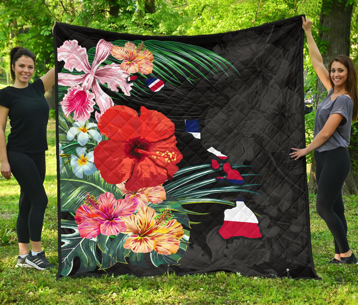 Hawaii Premium Quilt - Hawaii Map Hibiscus Quilt Black - Polynesian Pride