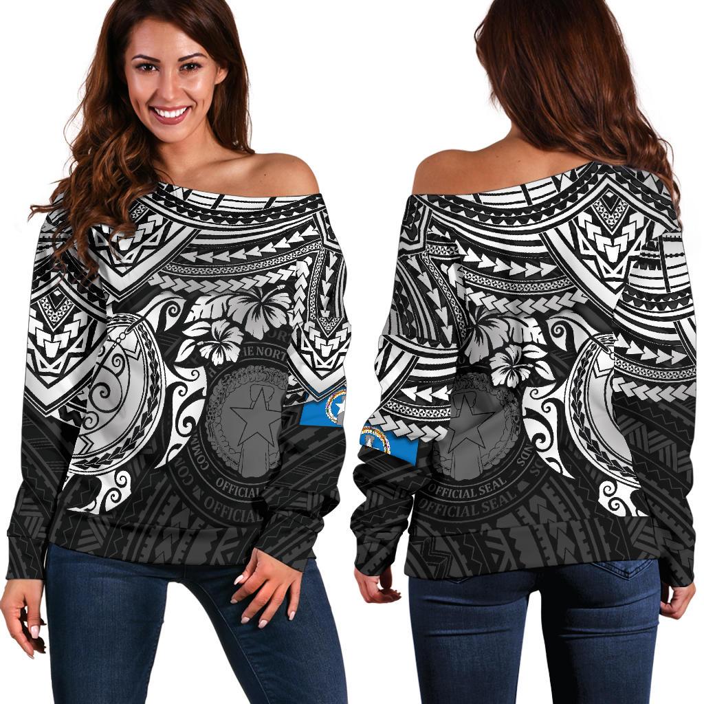 Northern Mariana Islands Polynesian Women's Off Shoulder Sweater - White Turtle White - Polynesian Pride