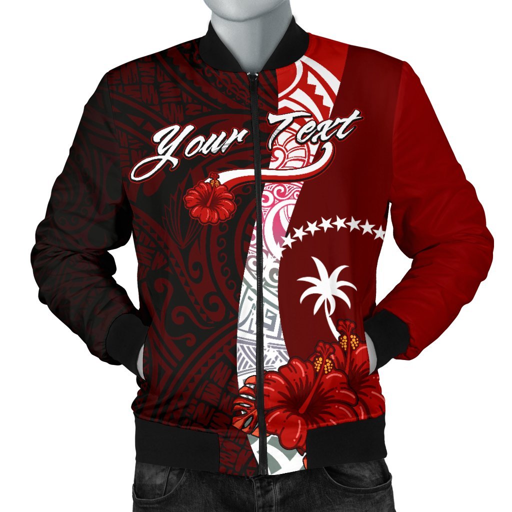 Chuuk Micronesia Custom Personalised Men's Bomber Jacket - Coat Of Arm With Hibiscus Red - Polynesian Pride