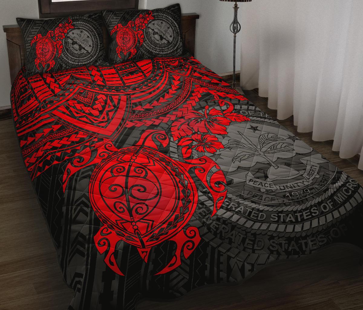 Federated States Of Micronesia Quilt Bed Set - Federated States Of Micronesia Seal & Red Turtle Hibiscus Black - Polynesian Pride