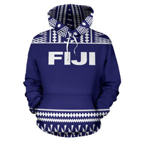 Fiji Tapa All Over Hoodie Blue and White Version - Polynesian Pride
