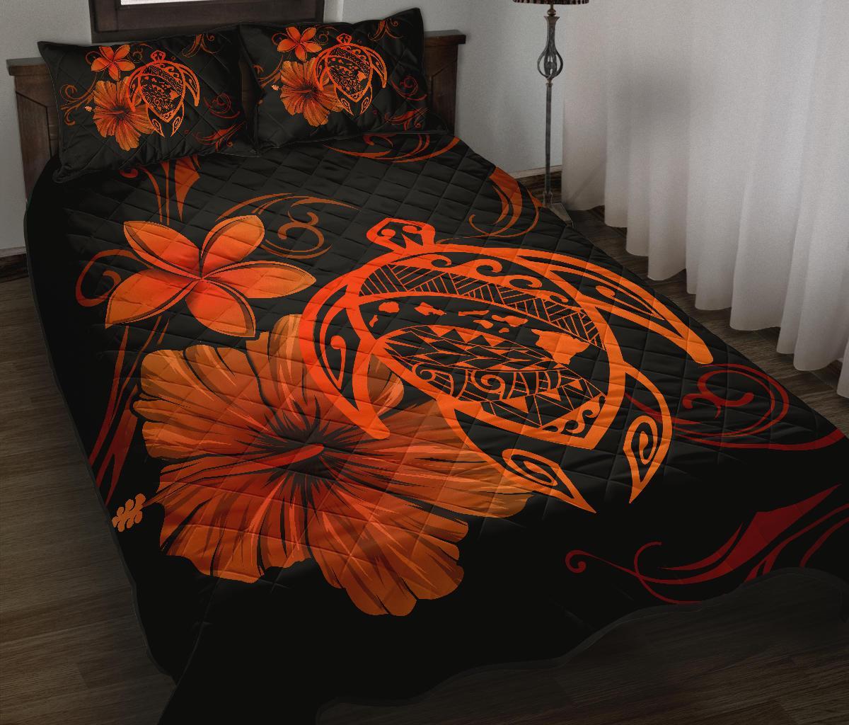 Hawaii Turtle Kanaka Map Hibiscus Poly Quilt Bed Set - Orange - Polynesian Pride