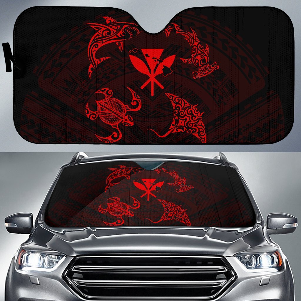 Polynesian Turtle Hammerhead Shark Manta Ray Hawaii Car Sun Shade Circle - AH - Red Auto Sun Shade Universal Fit Red - Polynesian Pride