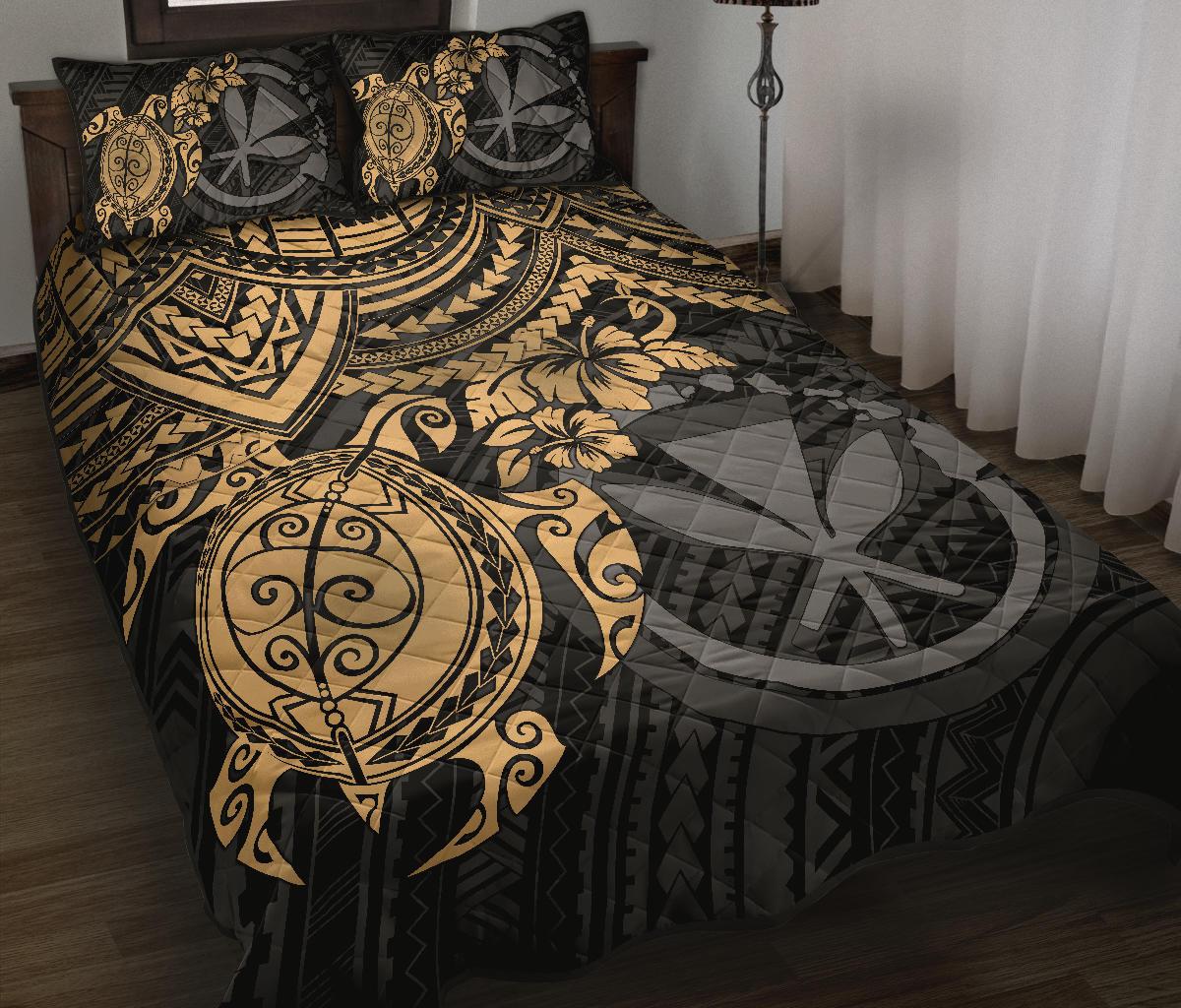 Hawaii Polynesian Quilt Bed Set - Kanaka Maoli & Gold Turtle Hibiscus GOLD - Polynesian Pride