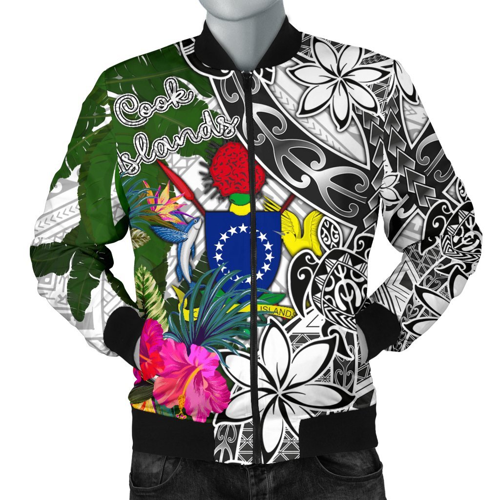 Cook Islands Men's Bomber Jacket White - Turtle Plumeria Banana Leaf White - Polynesian Pride