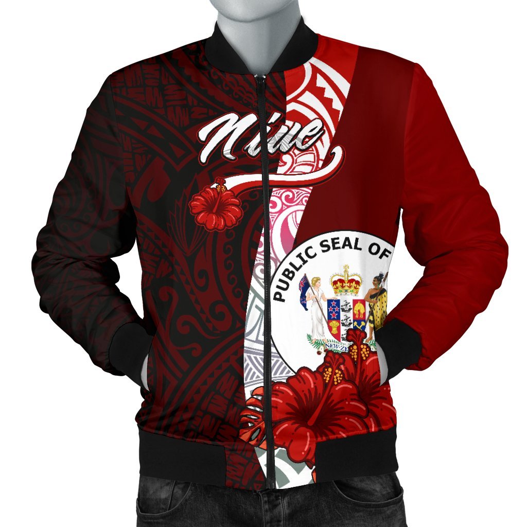 Niue Polynesian Men's Bomber Jacket - Coat Of Arm With Hibiscus Red - Polynesian Pride