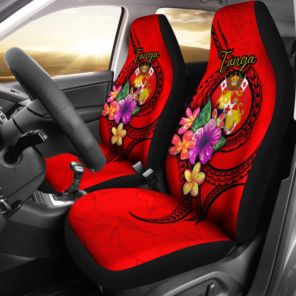 Tonga Polynesian Car Seat Covers - Floral With Seal Red Universal Fit Red - Polynesian Pride