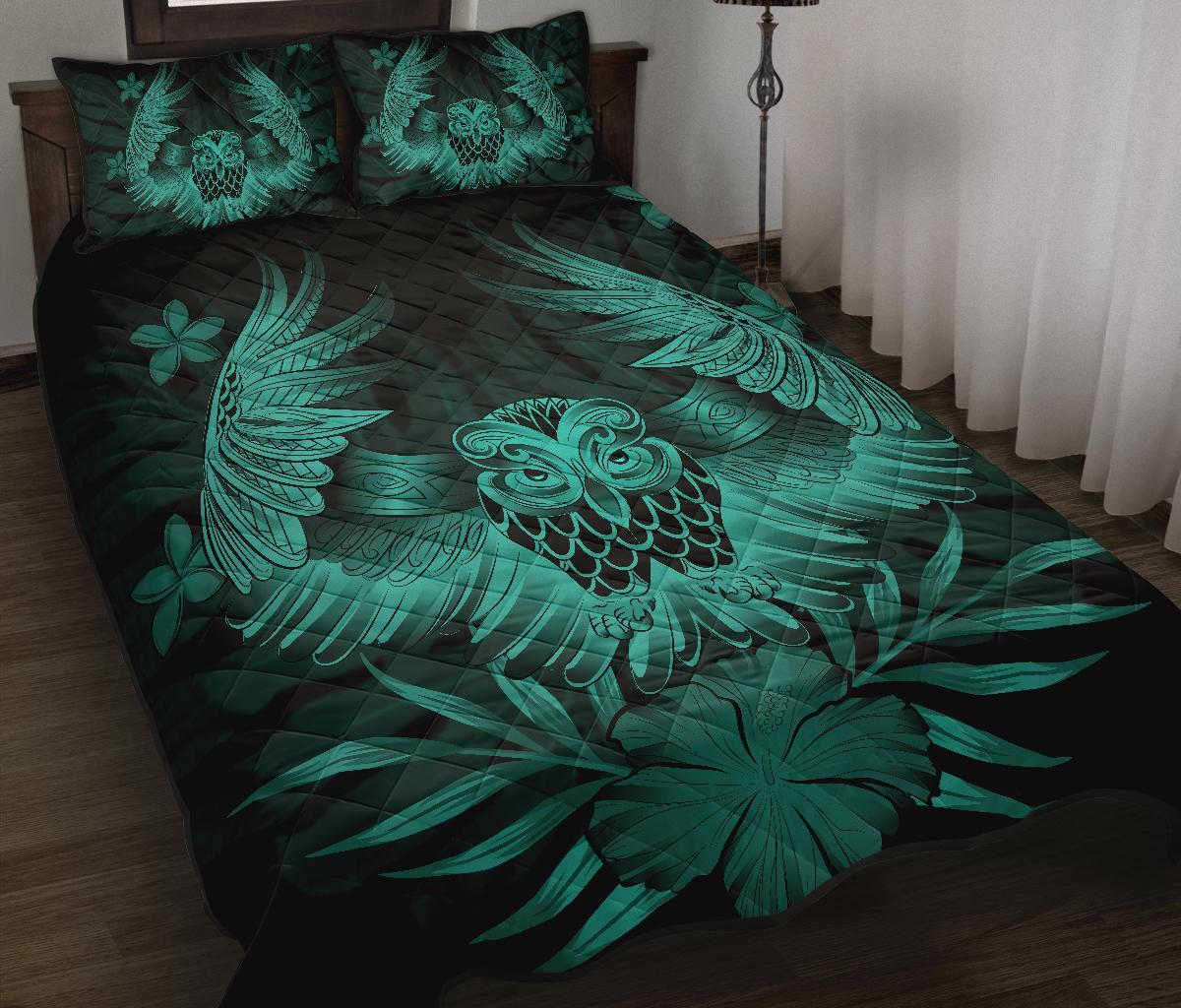Hawaii Owl Hibiscus Plumeria Quilt Bed Set - Turquoise - Polynesian Pride