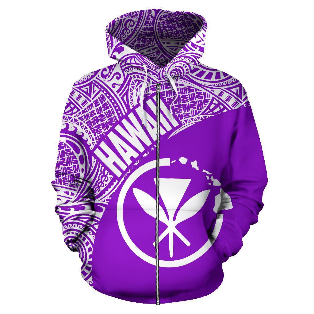 Hawai Zip up Hoodie Hawaii Kanaka Maoli Polynesian Tattoo Purple White Version - Polynesian Pride
