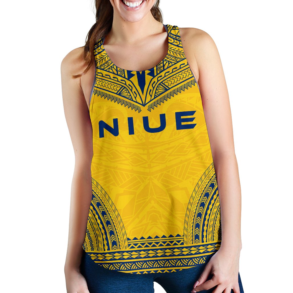 Niue Women's Racerback Tank - Polynesian Chief Flag Version Yellow - Polynesian Pride