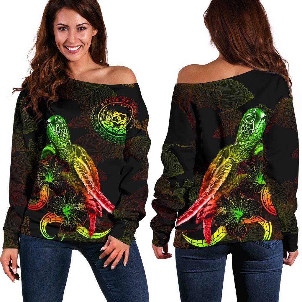 Hawaii Polynesian Women's Off Shoulder Sweater - Turtle With Blooming Hibiscus Reggae Art - Polynesian Pride