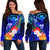 Polynesian Hawaii Women's Off Shoulder Sweater - Kanaka Maoli Humpback Whale with Tropical Flowers (Blue) Blue - Polynesian Pride