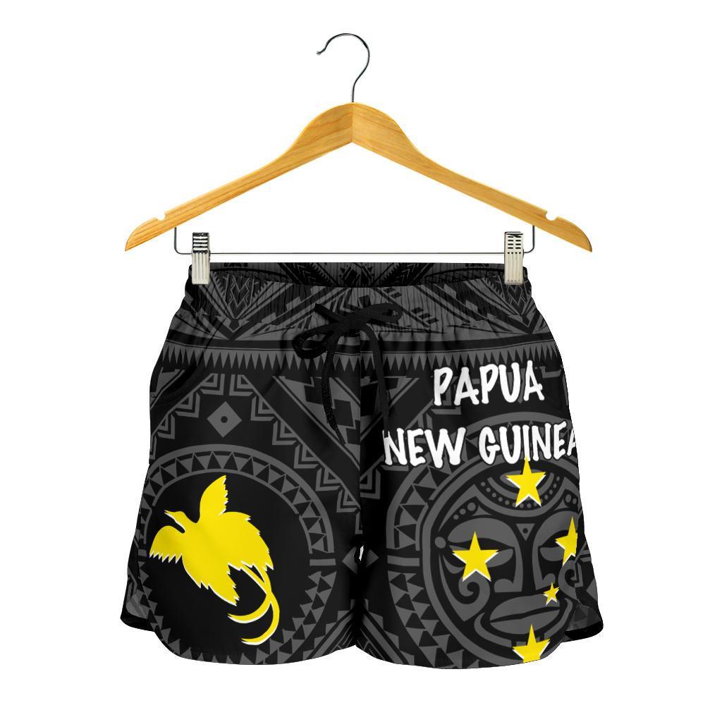 Papua New Guinea All Over Print Women's Shorts - Flag With Polynesian Patterns (Black) - Polynesian Pride