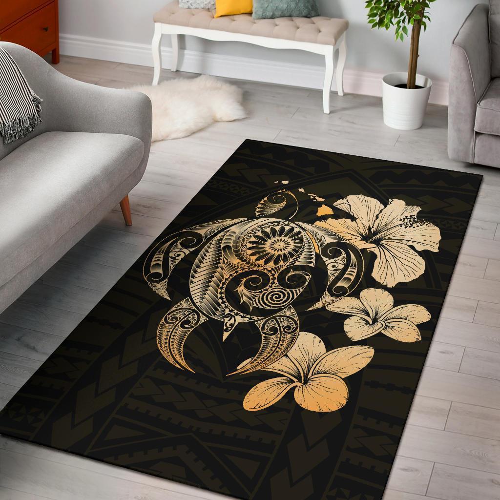 Hibiscus Plumeria Mix Polynesian Turtle Area Rug AH Rug Gold - Polynesian Pride