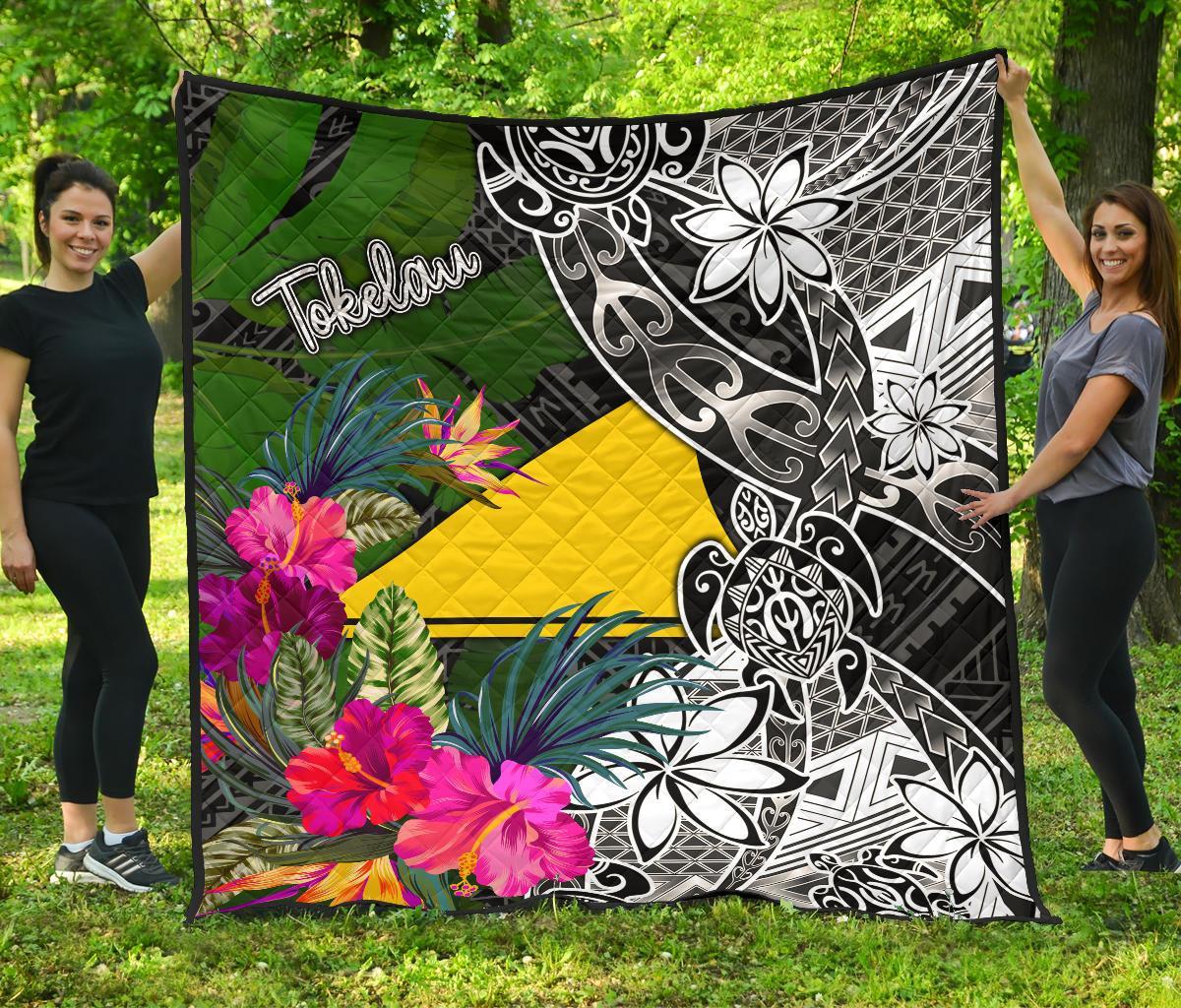 Tokelau Premium Quilt - Turtle Plumeria Banana Leaf Black - Polynesian Pride