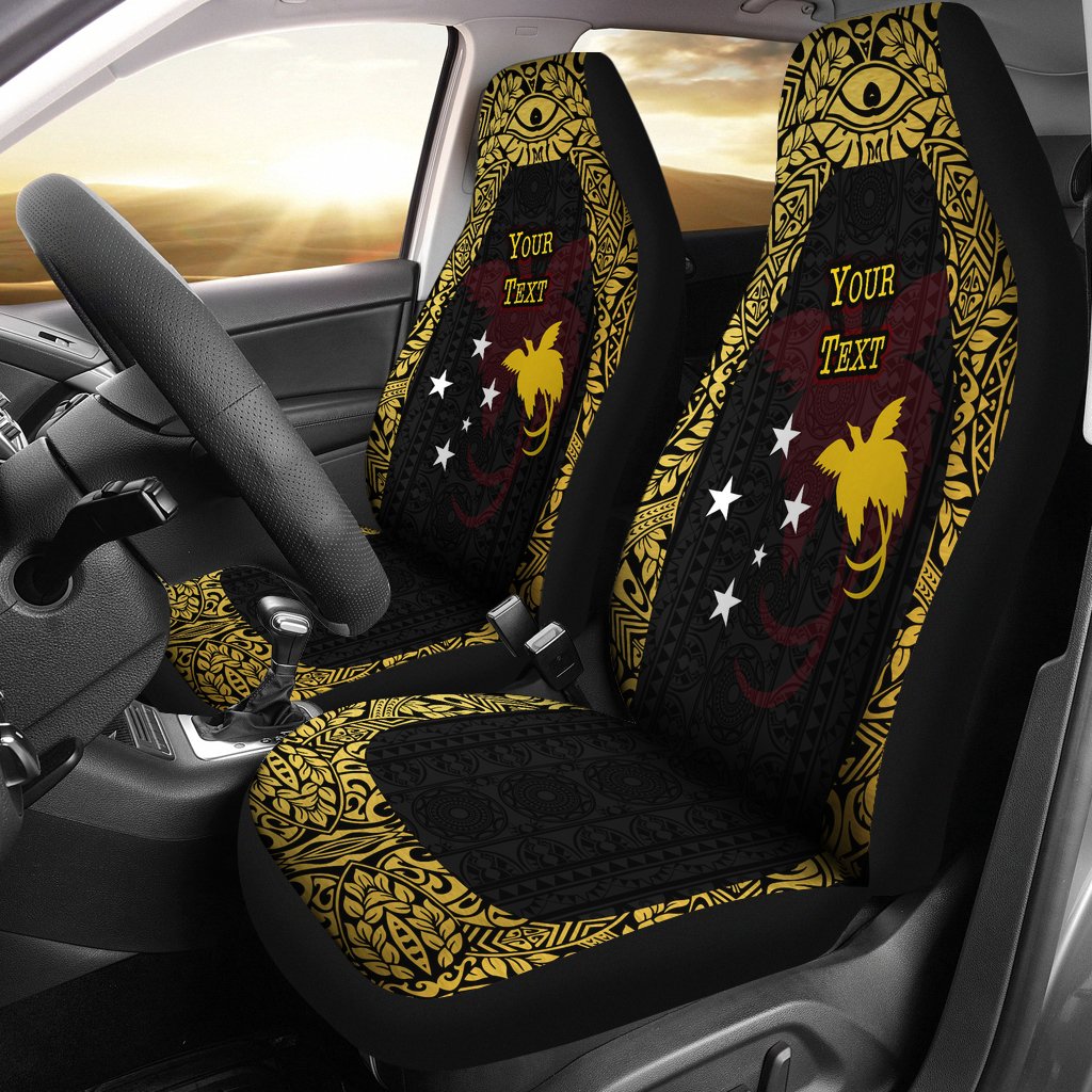 Papua New Guinea Custom Personalised Car Seat Covers - Papua New Guinea Flag Erudite Eye Universal Fit Black Gold - Polynesian Pride