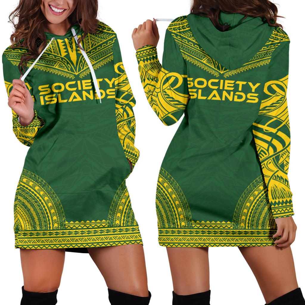 Society Islands Women's Hoodie Dress - Polynesian Flag Chief Green - Polynesian Pride