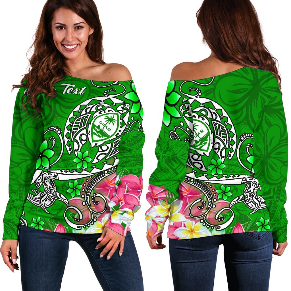 Guam Custom Personalised Women's Off Shoulder Sweater - Turtle Plumeria (Green) Green - Polynesian Pride