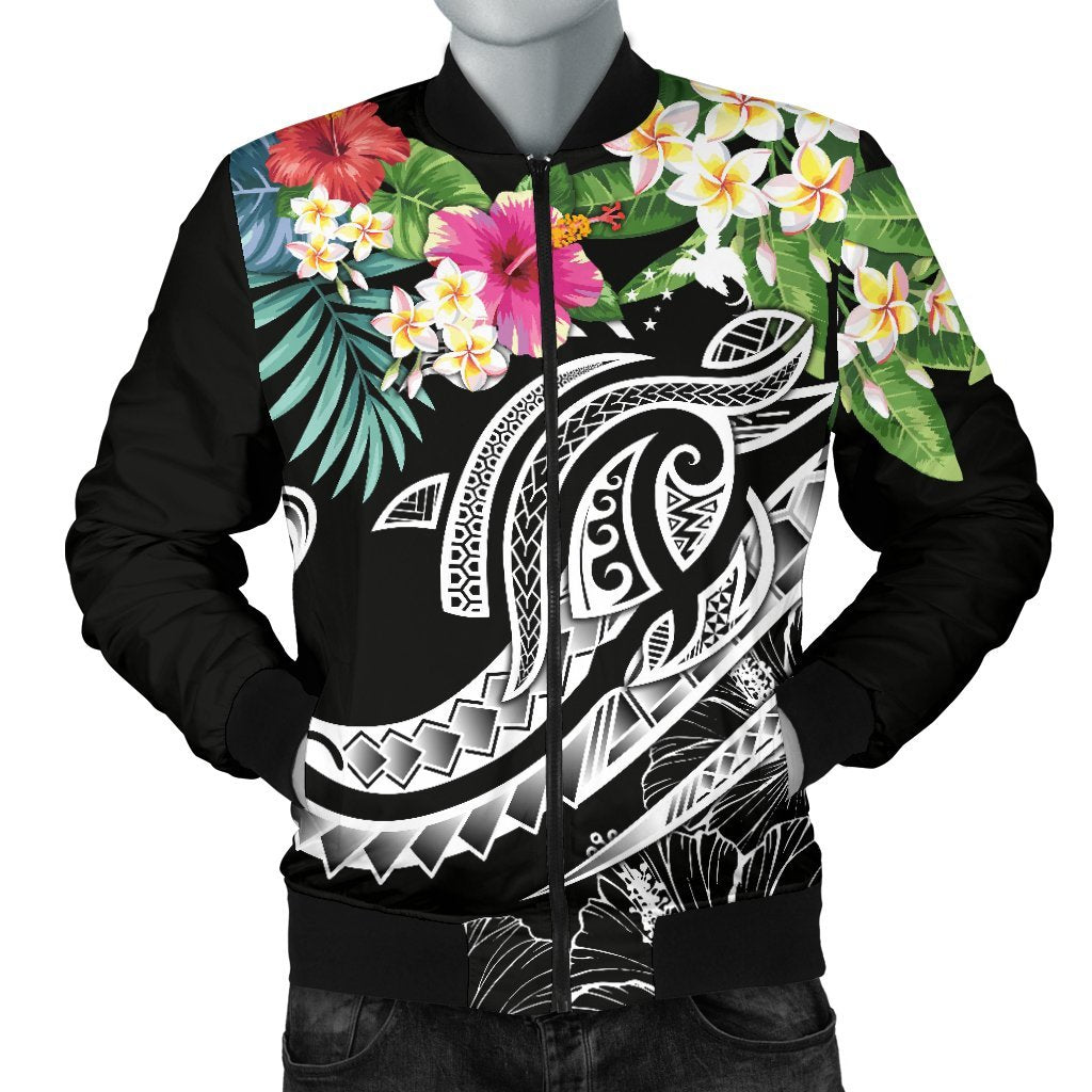 Papua New Guinea Polynesian Men's Bomber Jacket - Summer Plumeria (Black) Black - Polynesian Pride