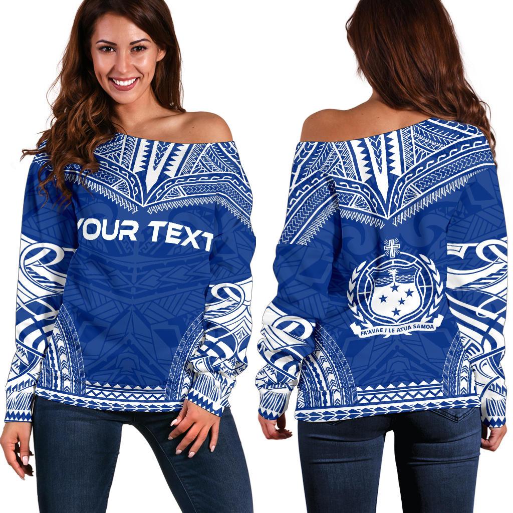 Samoa Polynesian Chief Custom Personalised Women's Off Shoulder Sweater - Flag Version Blue - Polynesian Pride