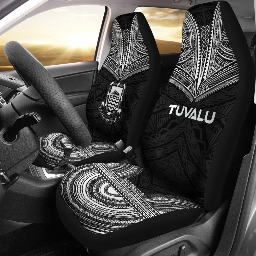 Tuvalu Car Seat Cover - Tuvalu Coat Of Arms Polynesian Chief Tattoo Black Version Universal Fit Black - Polynesian Pride