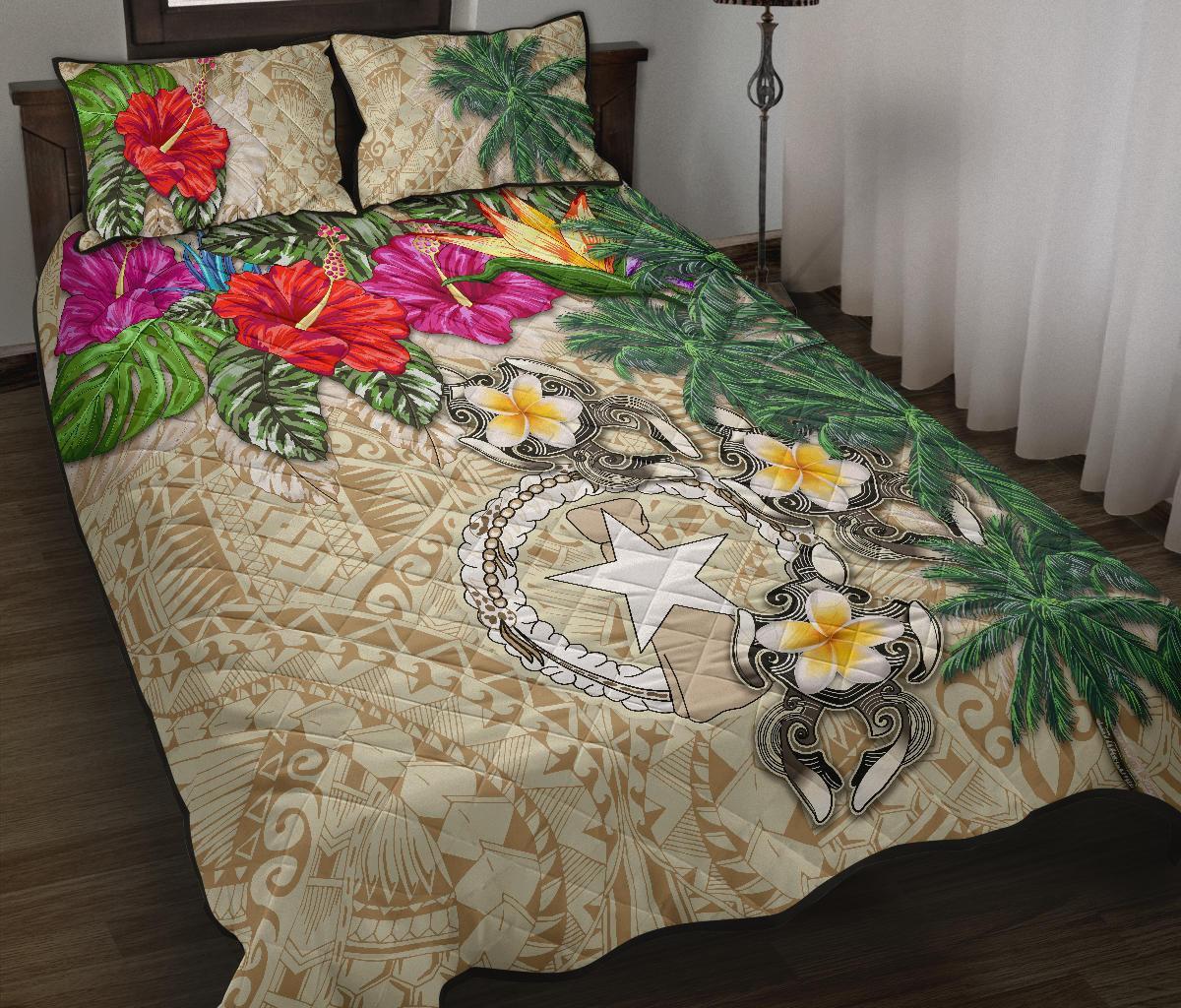 Nothern Mariana Islands Polynesian Quilt Bed Set - Hibiscus Turtle Tattoo Beige Beige - Polynesian Pride