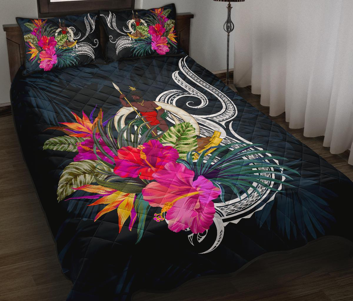 Vanuatu Polynesian Quilt Bed Set - Tropical Flower Blue - Polynesian Pride