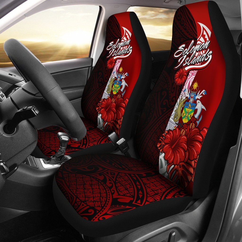 Solomon Islands Polynesian Car Seat Covers - Coat Of Arm With Hibiscus Universal Fit Red - Polynesian Pride