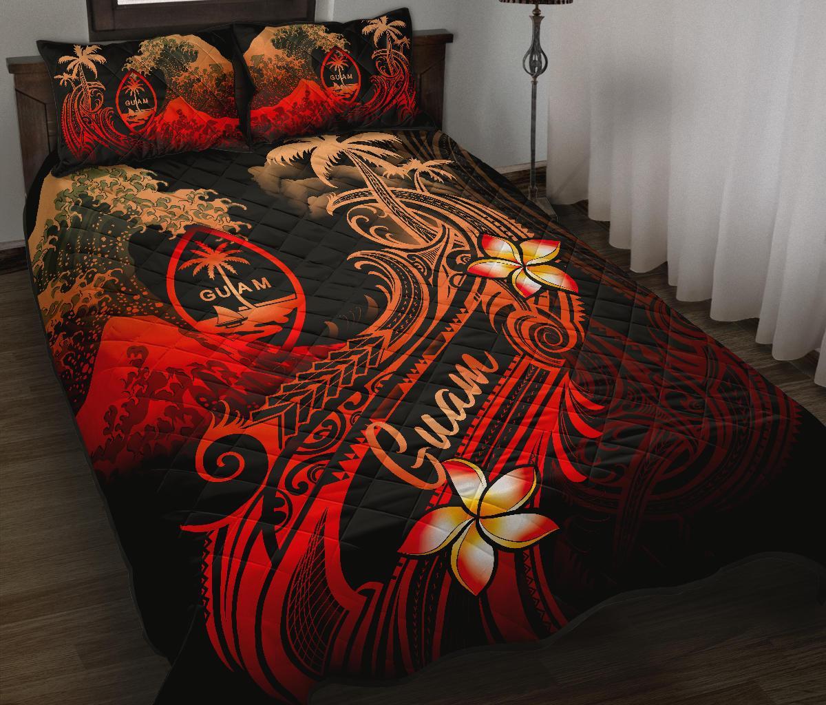 Guam Polynesian Quilt Bed Set - Plumeria Flowers And Waves Red - Polynesian Pride