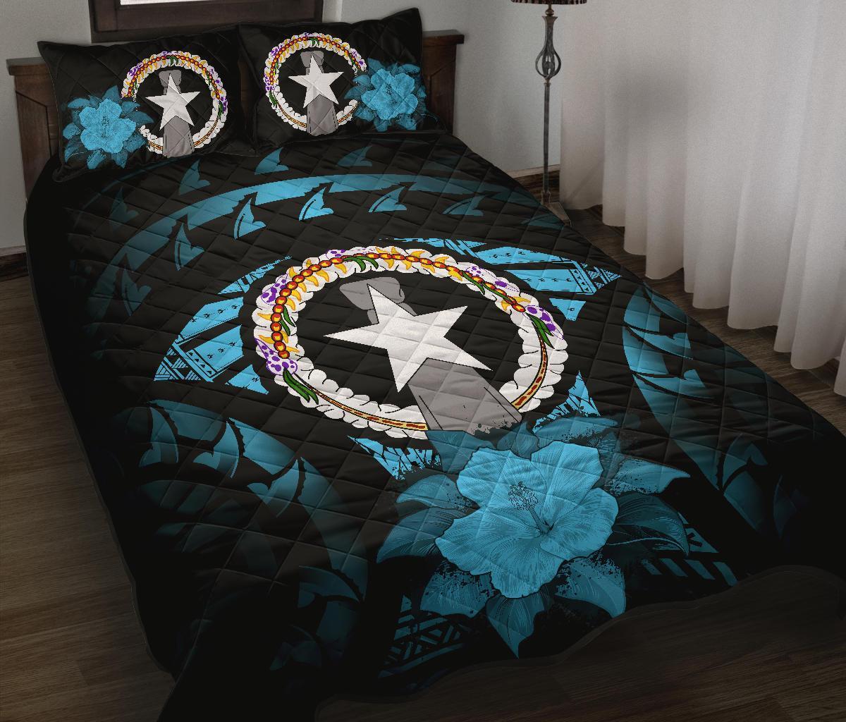 Northern Mariana Islands Polynesian Quilt Bed Set Hibiscus Blue Black - Polynesian Pride