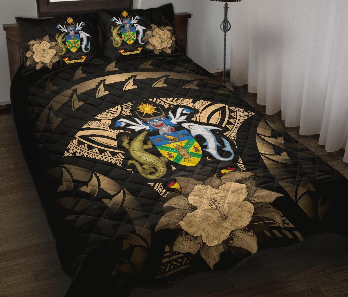 Solomon Islands Polynesian Quilt Bed Set Hibiscus Gold Black - Polynesian Pride