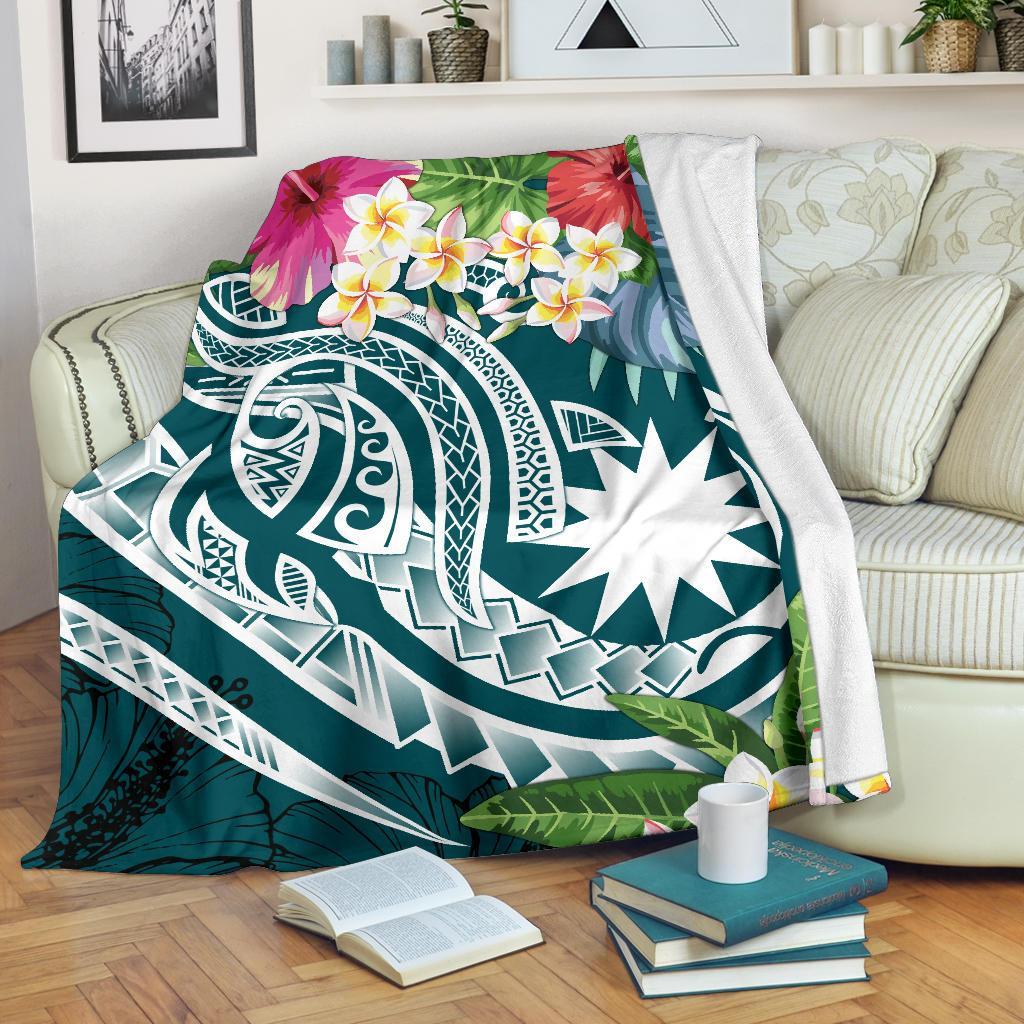 Nauru Polynesian Premium Blanket - Summer Plumeria (Turquoise) White - Polynesian Pride