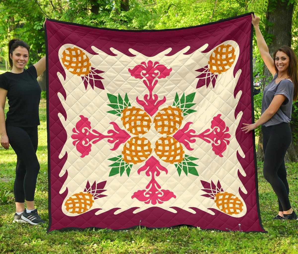 Hawaiian Pineapple Pattern Premium Quilt - Burgundy - Argu Style - AH Burgundy - Polynesian Pride