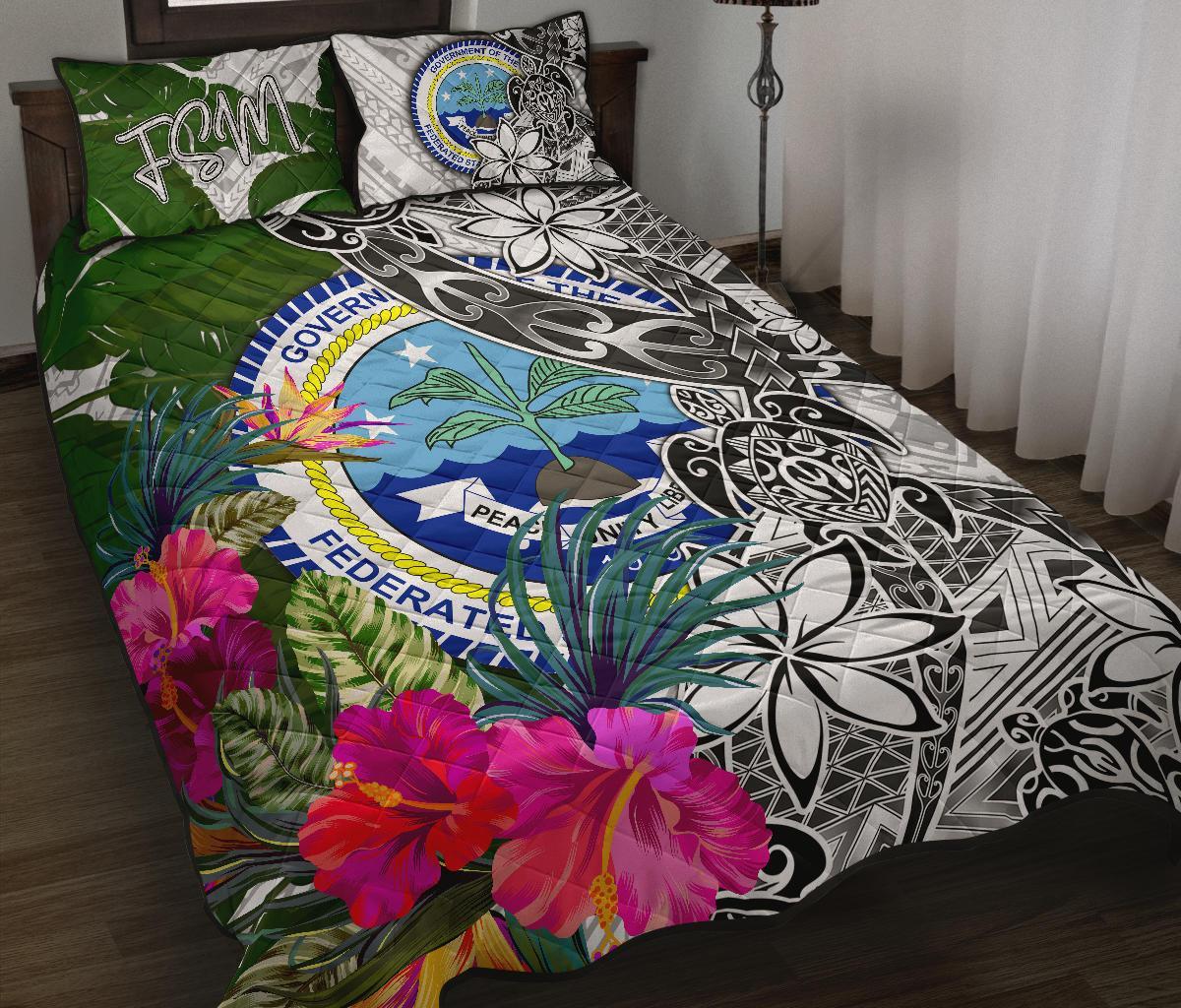 Federated States of Micronesia Quilt Bed Set White - Turtle Plumeria Banana Leaf White - Polynesian Pride