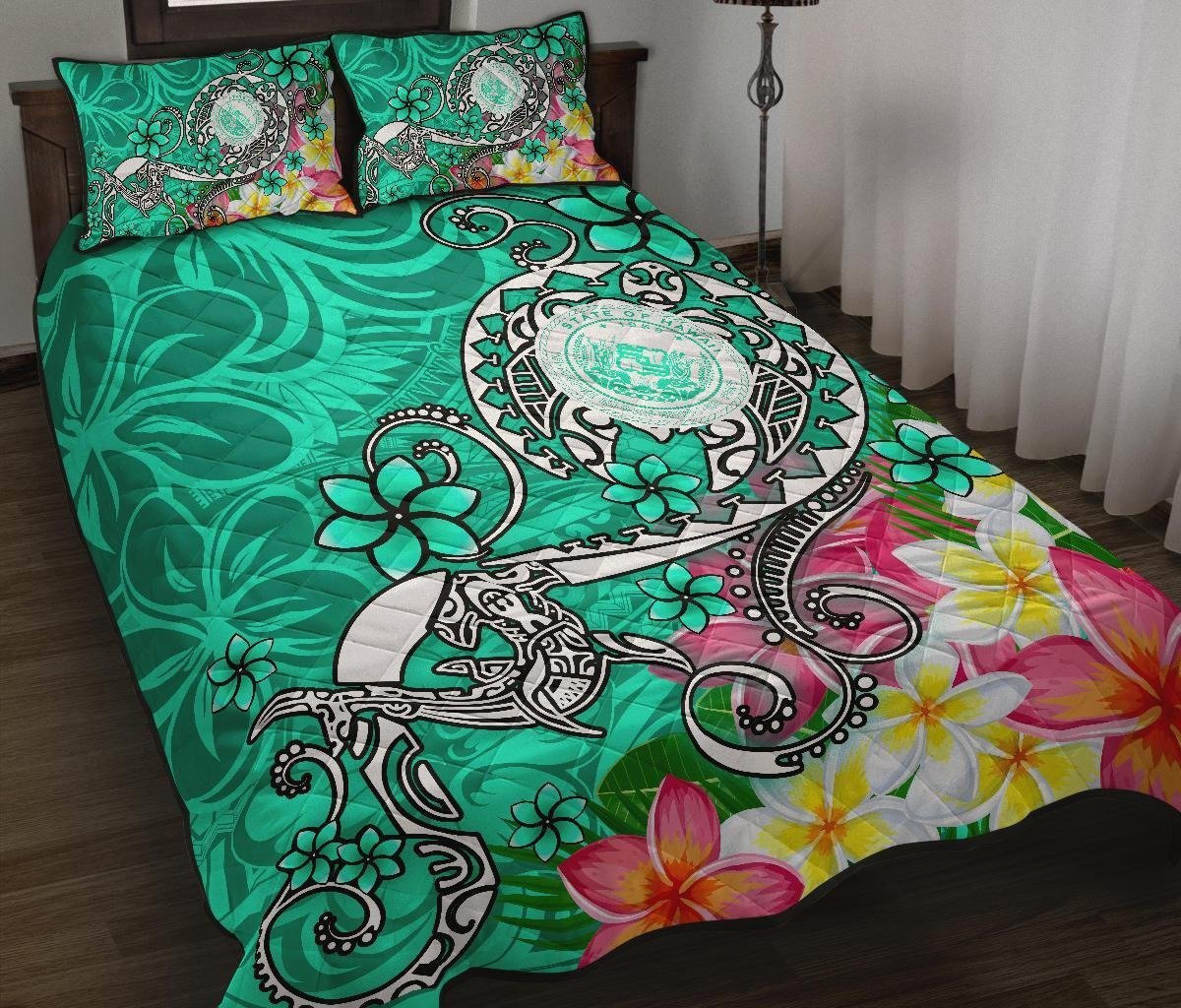 Hawaii Polynesian Quilt Bed Set - Hawaii Seal With Turtle Plumeria (Turquoise) Turquoise - Polynesian Pride