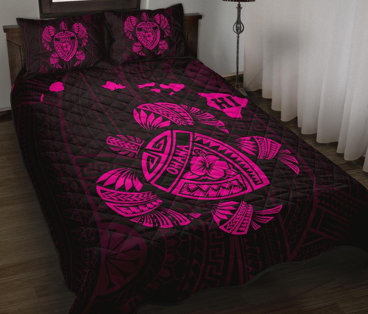 Hawaii Turtle Hibicus Map Quilt Bed Set - Pink - Polynesian Pride