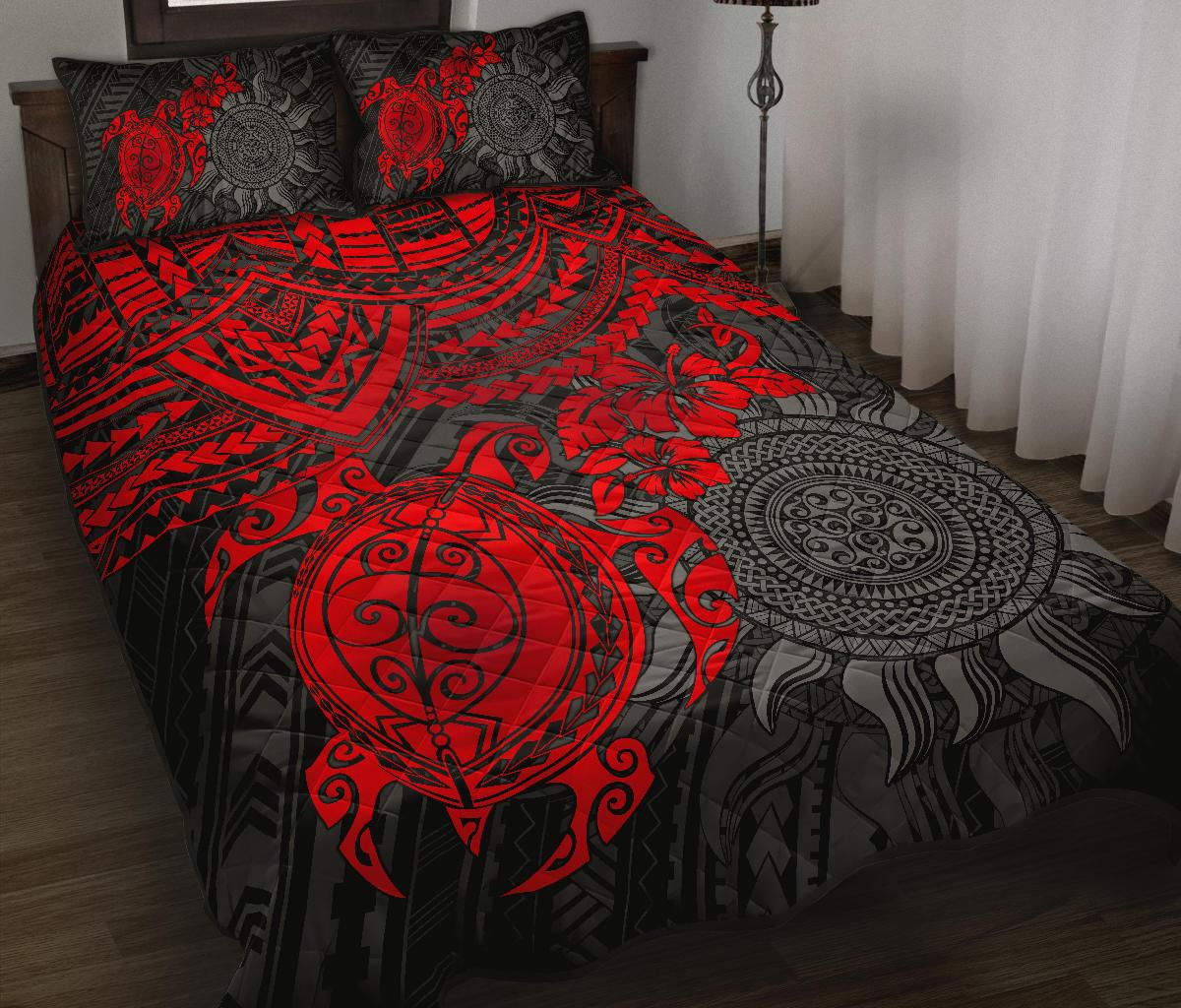 Polynesian Quilt Bed Set - Polynesian Red Turtle Hibiscus Red - Polynesian Pride