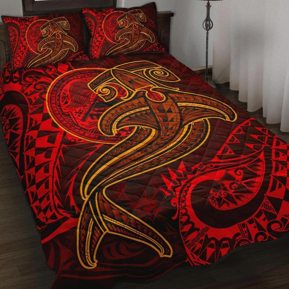 American Samoa Quilt Bed Set - Red Shark Polynesian Tattoo Red - Polynesian Pride