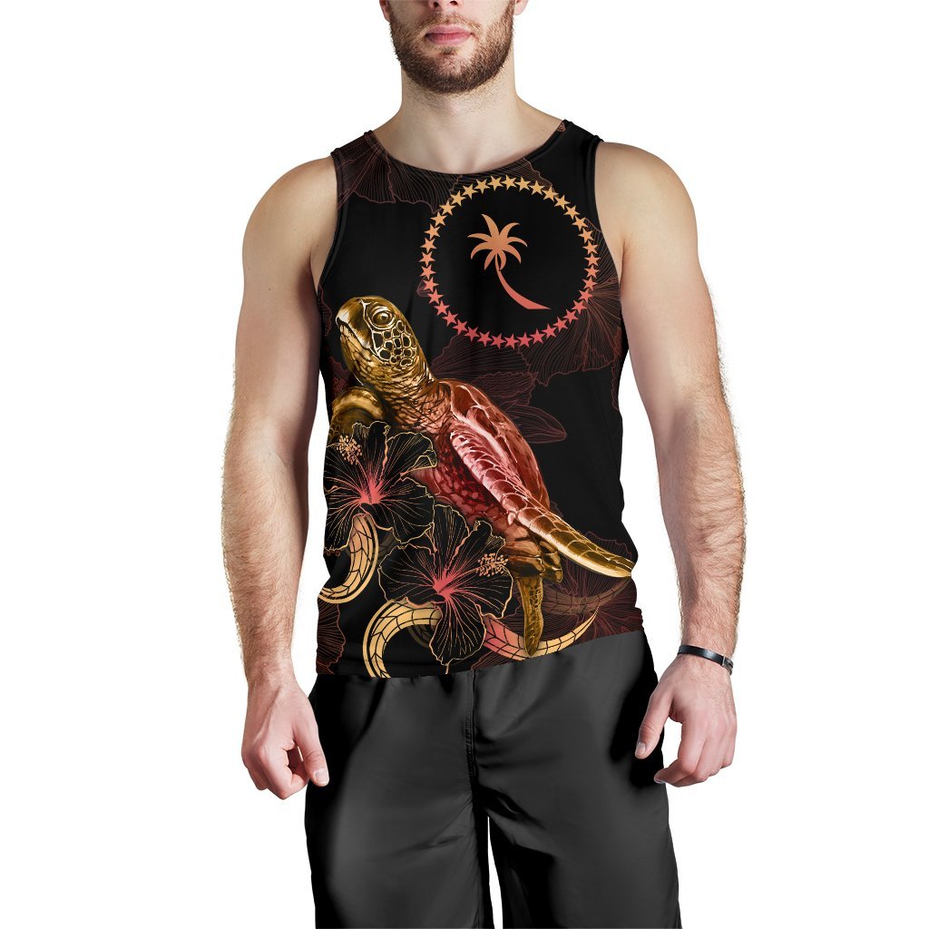 Chuuk Men Tank Top - Turtle With Blooming Hibiscus Gold - Polynesian Pride